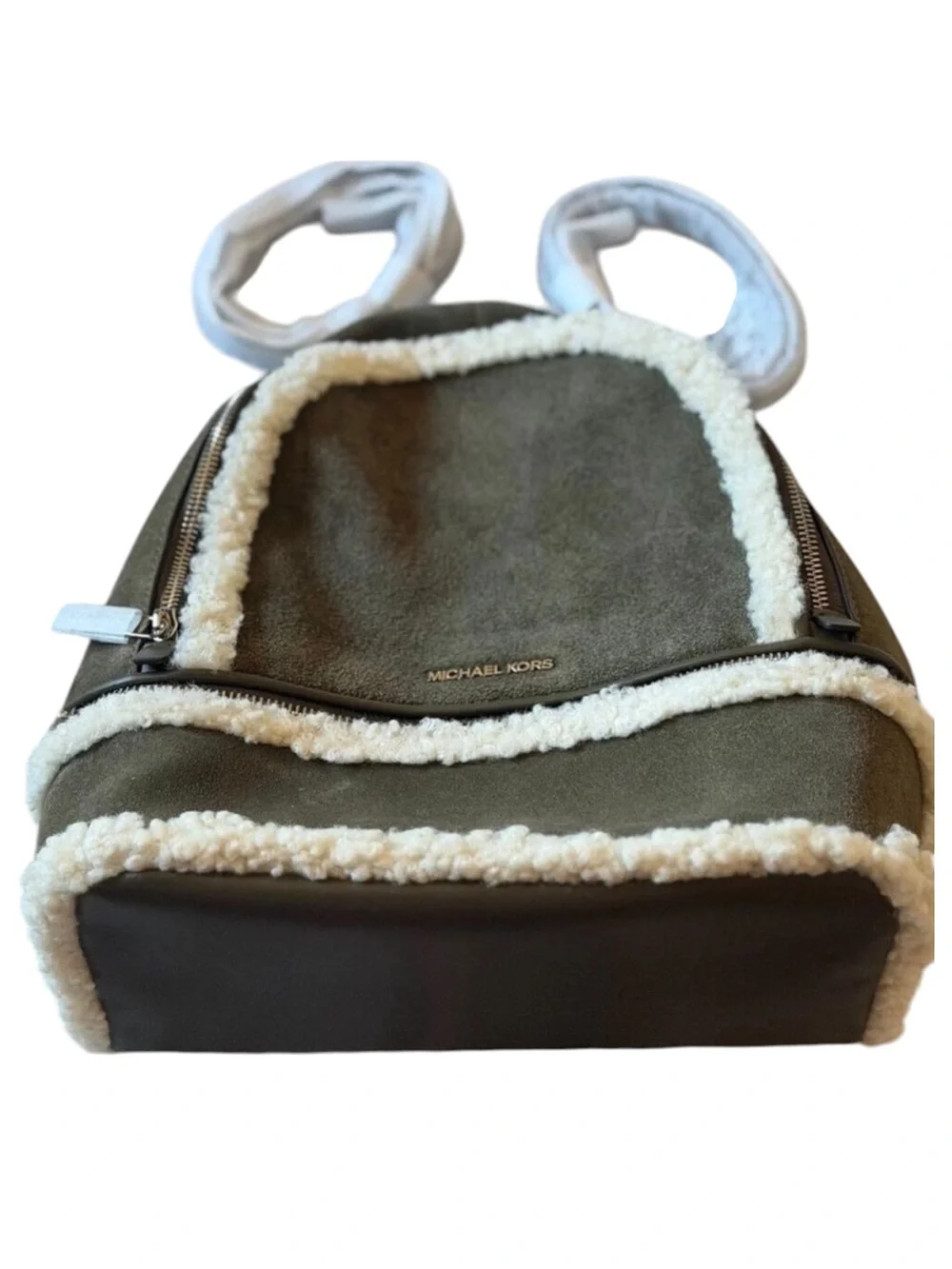 NWT Michael Kors Rhea Womens Leather Sherpa Olive MD Back